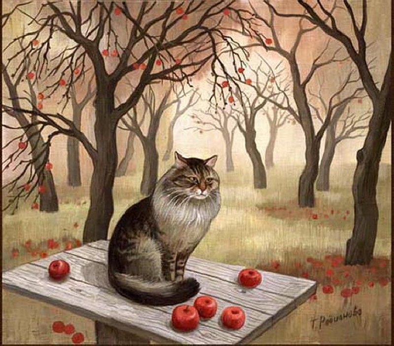 Fluffy Cat on Table — Brown, Serene