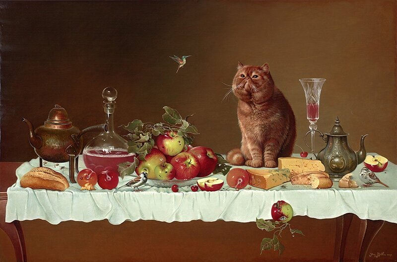 Fluffy Cat on Table — Brown