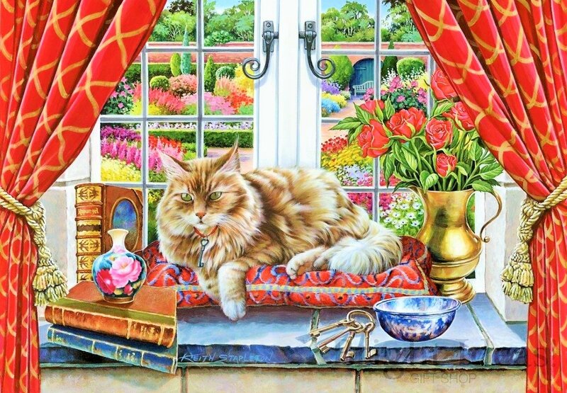 Fluffy Cat on Windowsill — Red