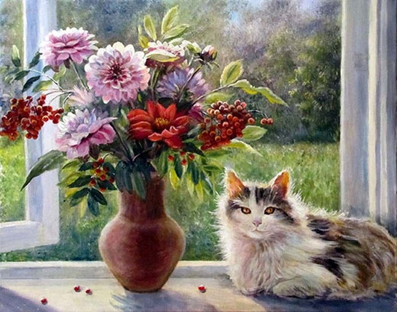 Fluffy Cat on Windowsill — White, Serene
