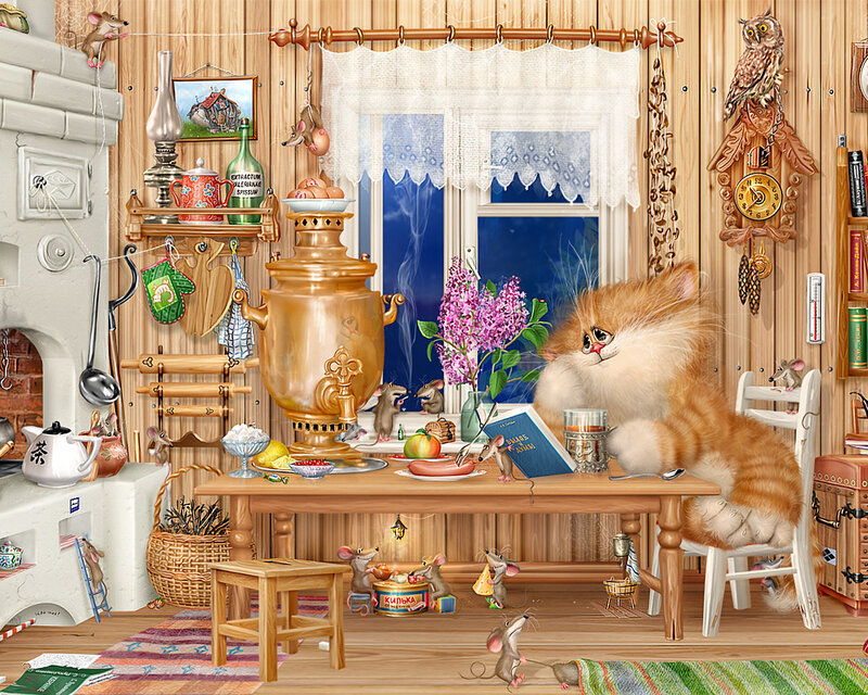 Fluffy Cat Reading Book — Brown, Cozy