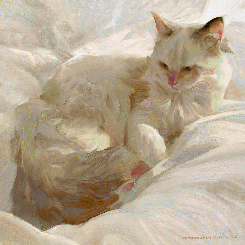 Fluffy Cat Resting — White, Calm, Painting