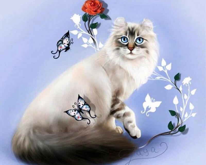 Fluffy Cat with Blue Eyes — Serene, Digital Art