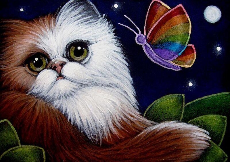 Fluffy Cat with Butterfly — White