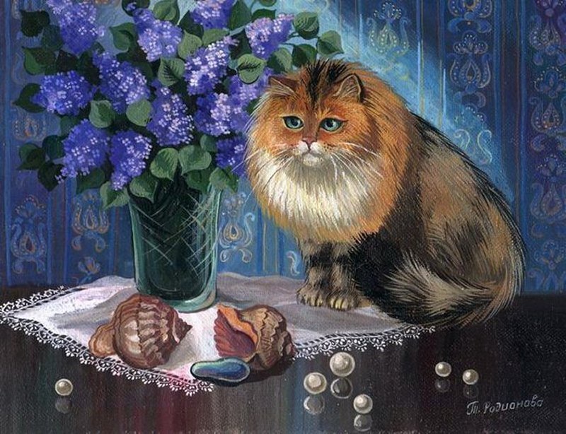 Fluffy Cat with Flowers — Blue