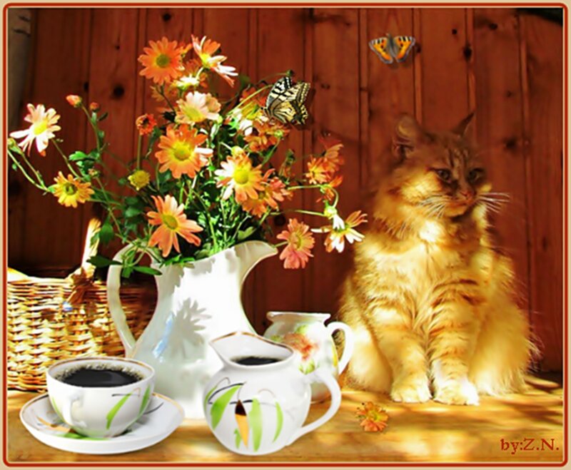Fluffy Cat with Flowers — Brown, Calm
