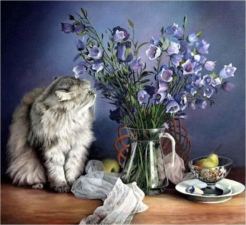 Fluffy Cat with Flowers — Purple, Calm, Painting