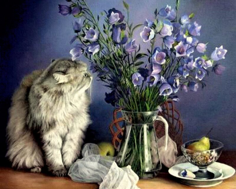 Fluffy Cat with Flowers — Purple, Calm