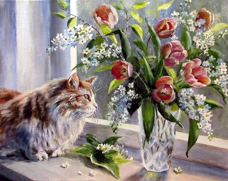 Fluffy Cat with Flowers — White, Serene