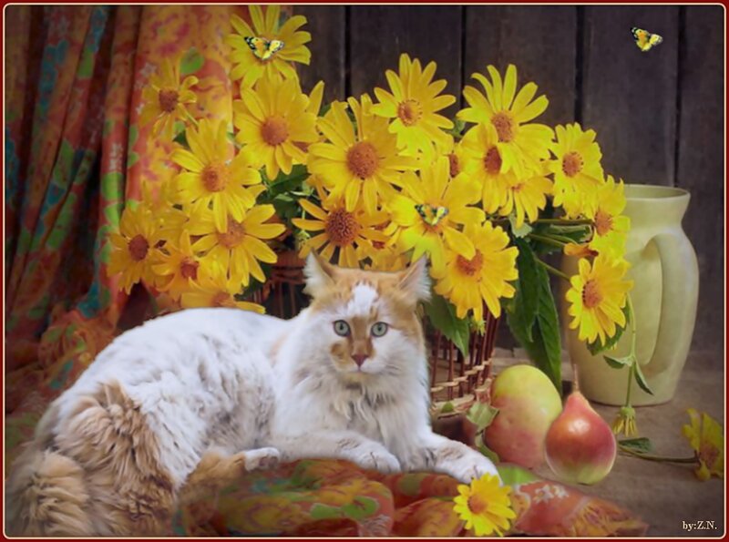 Fluffy Cat with Flowers — Yellow
