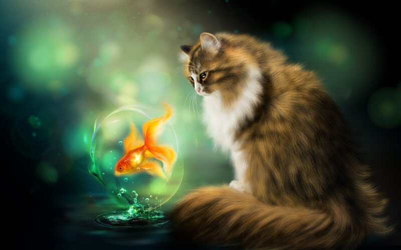 Fluffy Cat with Goldfish — Brown