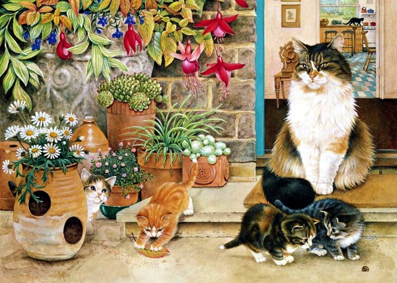 Fluffy Cat with Kittens — Brown, Peaceful