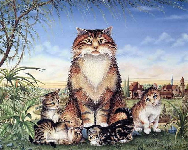 Fluffy Cat with Kittens — Brown