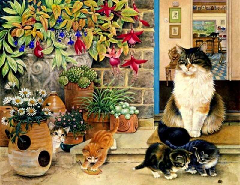 Fluffy Cat with Kittens