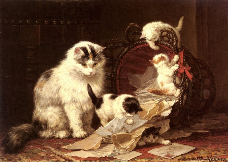 Fluffy Cat with Kittens — White
