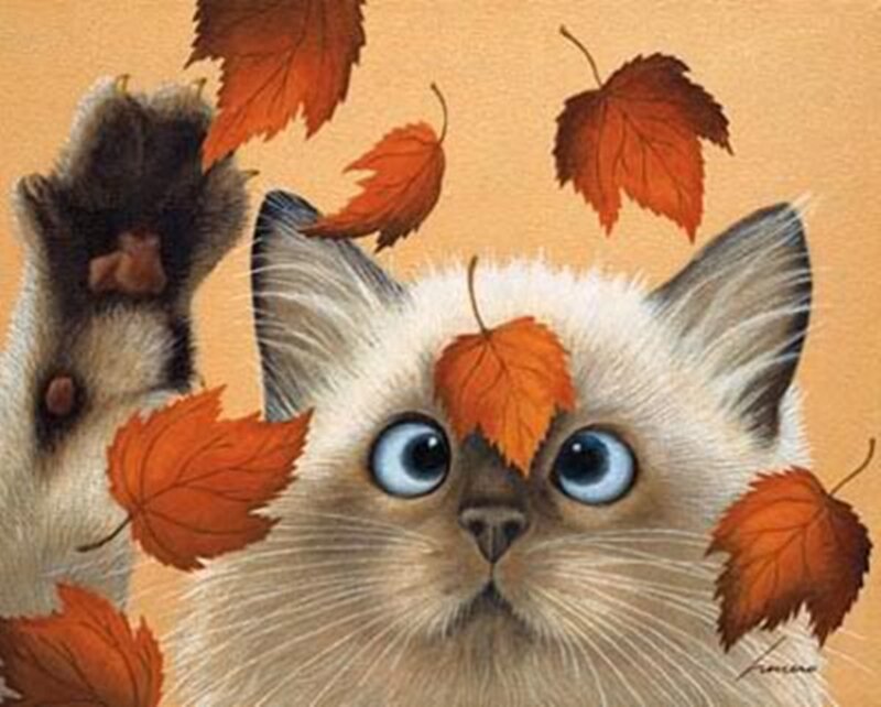 Fluffy Cat with Leaves — Orange