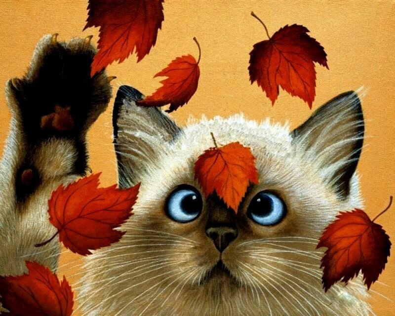 Fluffy Cat with Leaves