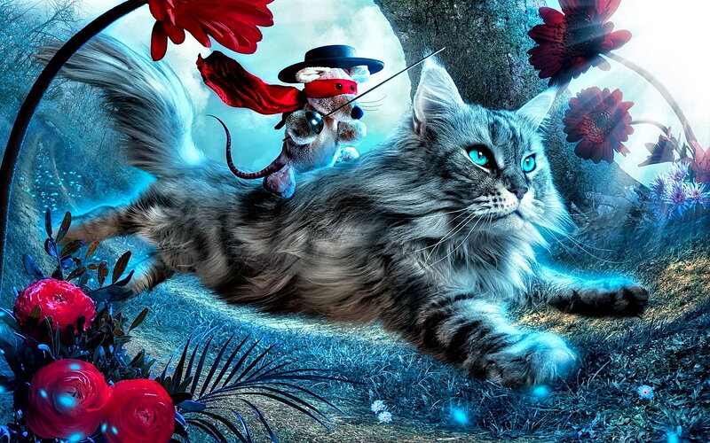 Fluffy Cat with Mouse — Blue, Fantastical