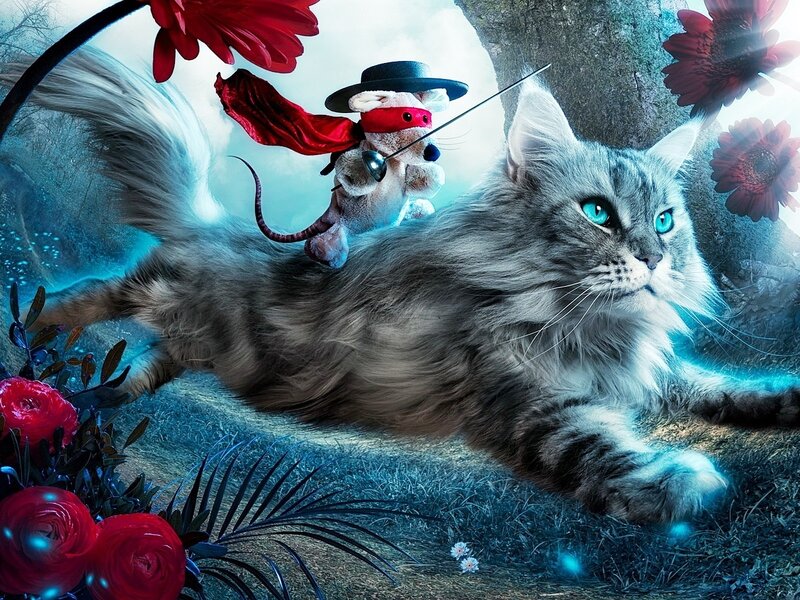 Fluffy Cat with Mouse — Blue