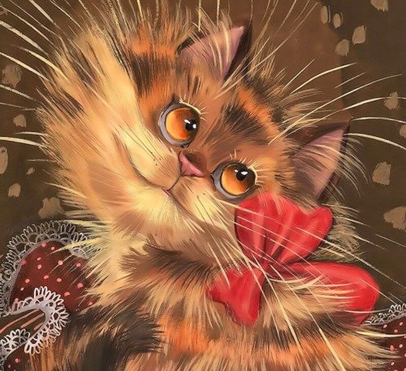 Fluffy Cat with Red Bow — Brown