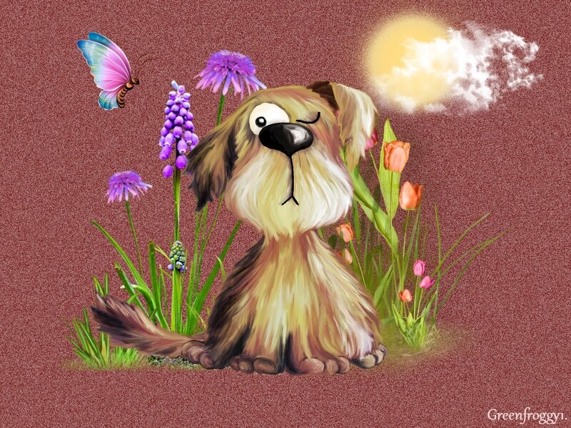 Fluffy Dog in Flowers — Brown