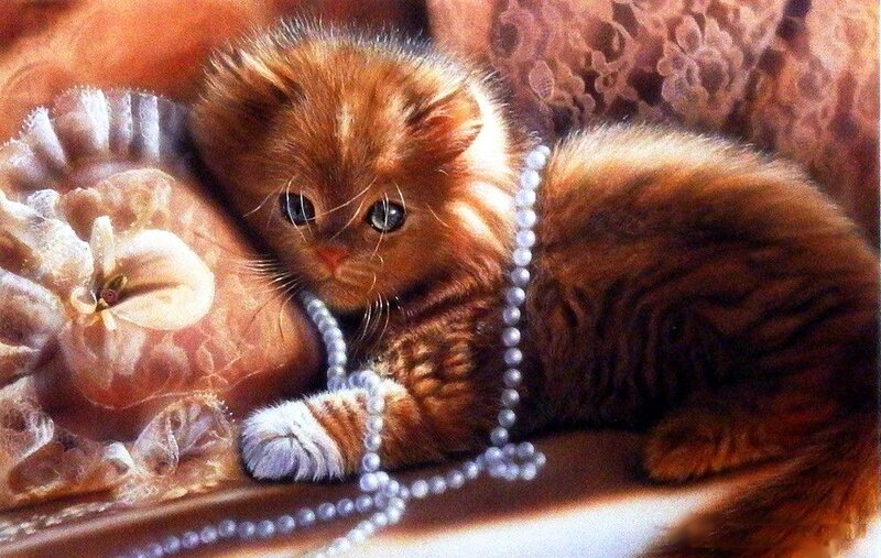 Fluffy Ginger Kitten — Brown, Calm, Painting
