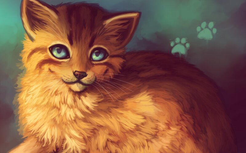 Fluffy Ginger Kitten — Orange, Calm, Digital Art, Paw Prints, Blue