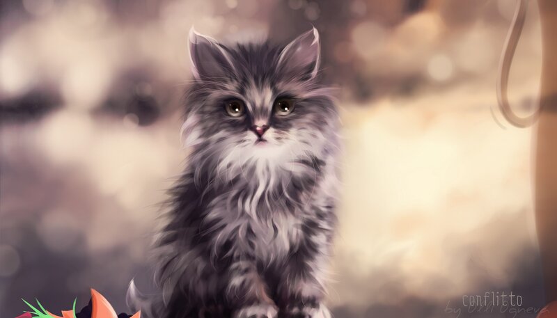 Fluffy Gray Kitten — Calm, Digital Art, Cat