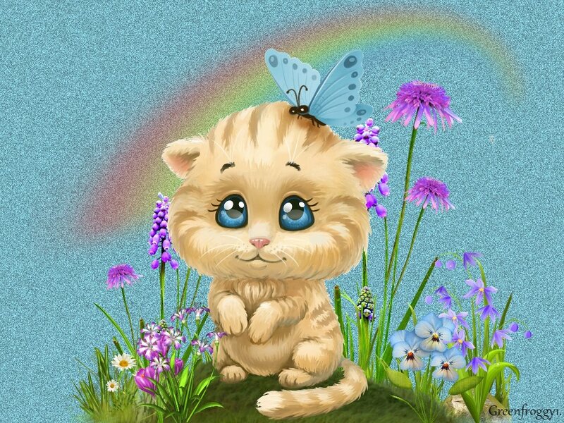 Fluffy Kitten in Flowers — Blue