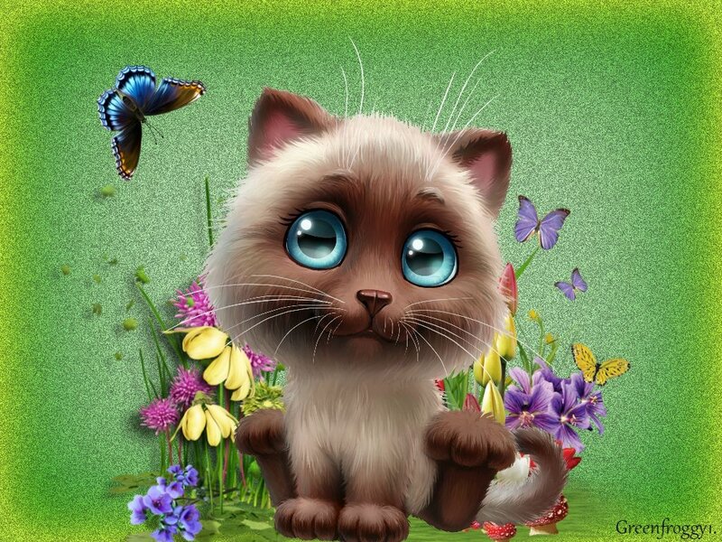 Fluffy Kitten in Flowers — Green
