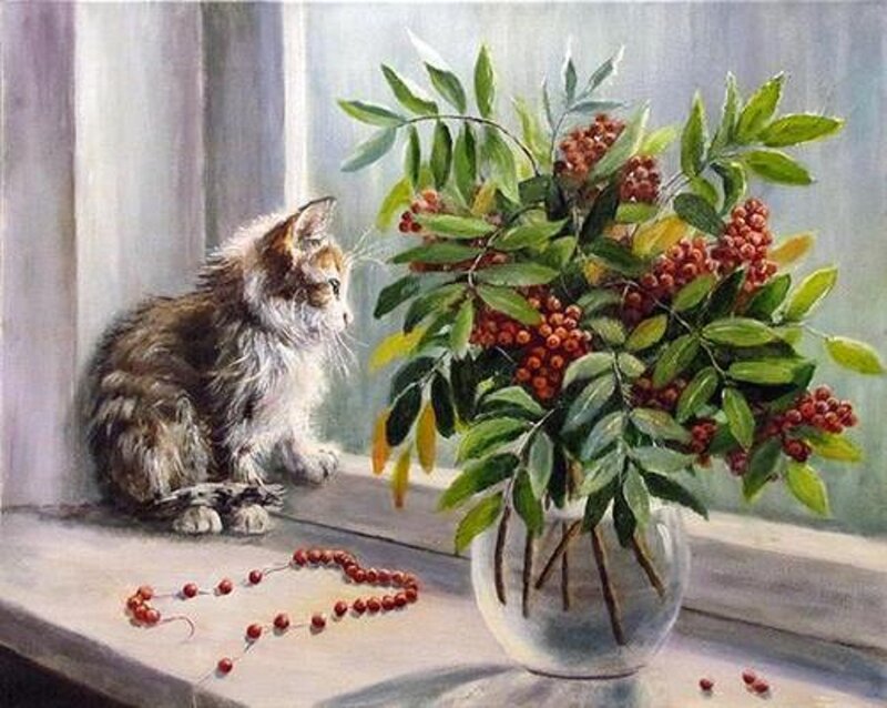 Fluffy Kitten on Windowsill — Green