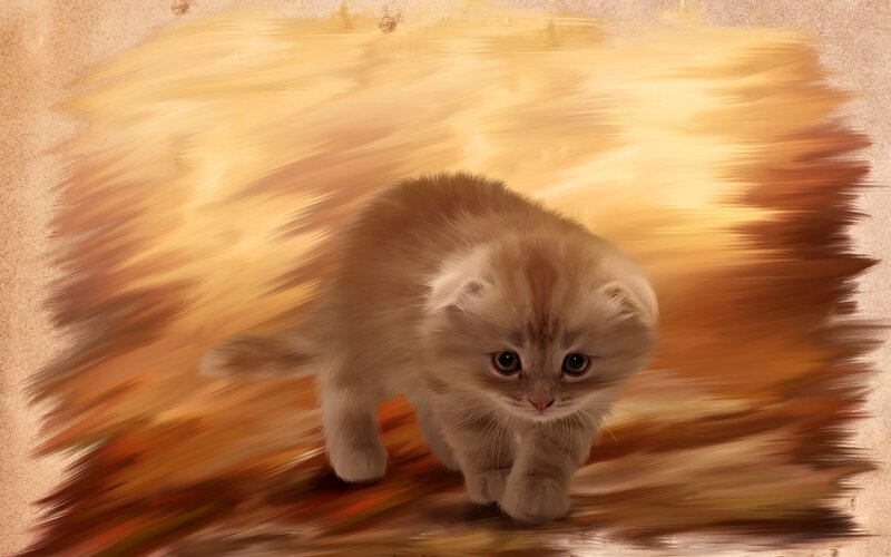 Fluffy Kitten Walking — Brown, Calm, Digital Art