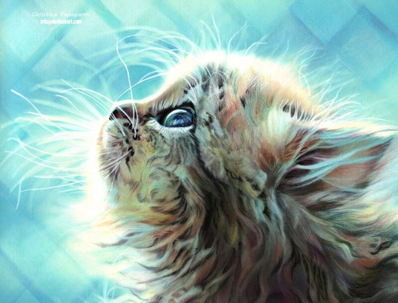Fluffy Kitten with Blue Eyes — Serene, Digital Art