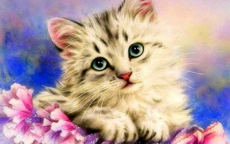 Fluffy Kitten with Blue Eyes — White, Calm, Digital Art