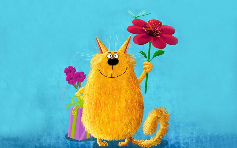 Fluffy Orange Cat — Blue, Cheerful