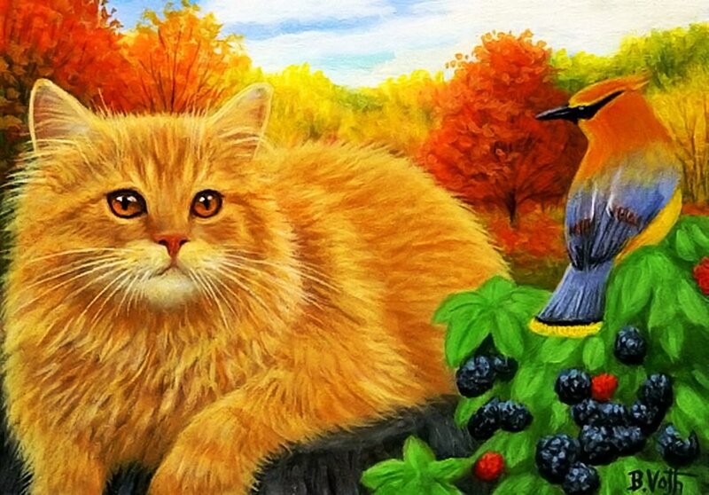 Fluffy Orange Cat — Serene, Autumn, Painting, Bird