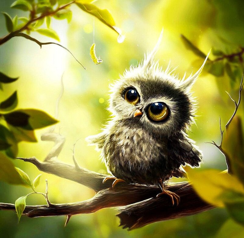 Fluffy Owl on Branch — Green