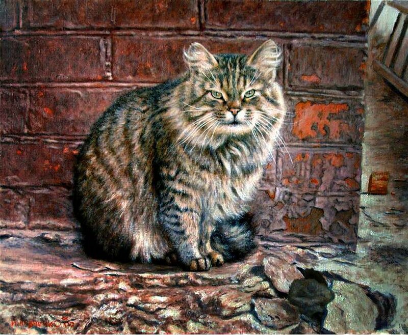 Fluffy Tabby Cat — Brown, Calm, Painting