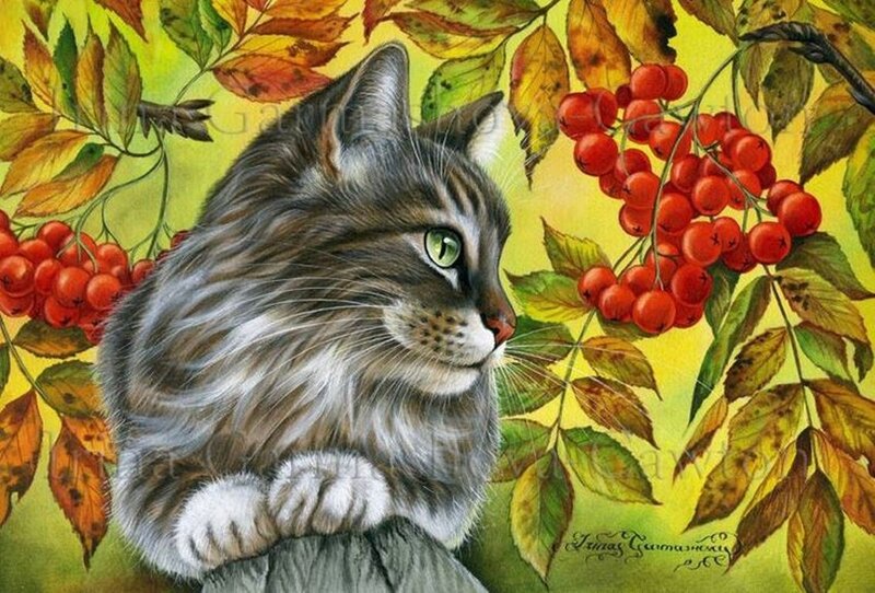 Fluffy Tabby Cat — Yellow, Calm