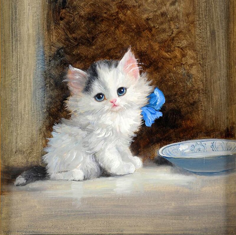 Fluffy White Kitten — Calm, Painting, Blue Flower