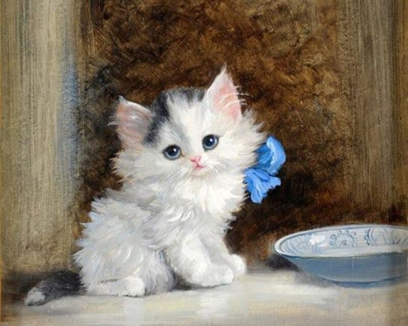 Fluffy White Kitten — Calm, Painting