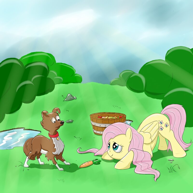 Fluttershy and a dog in the field
