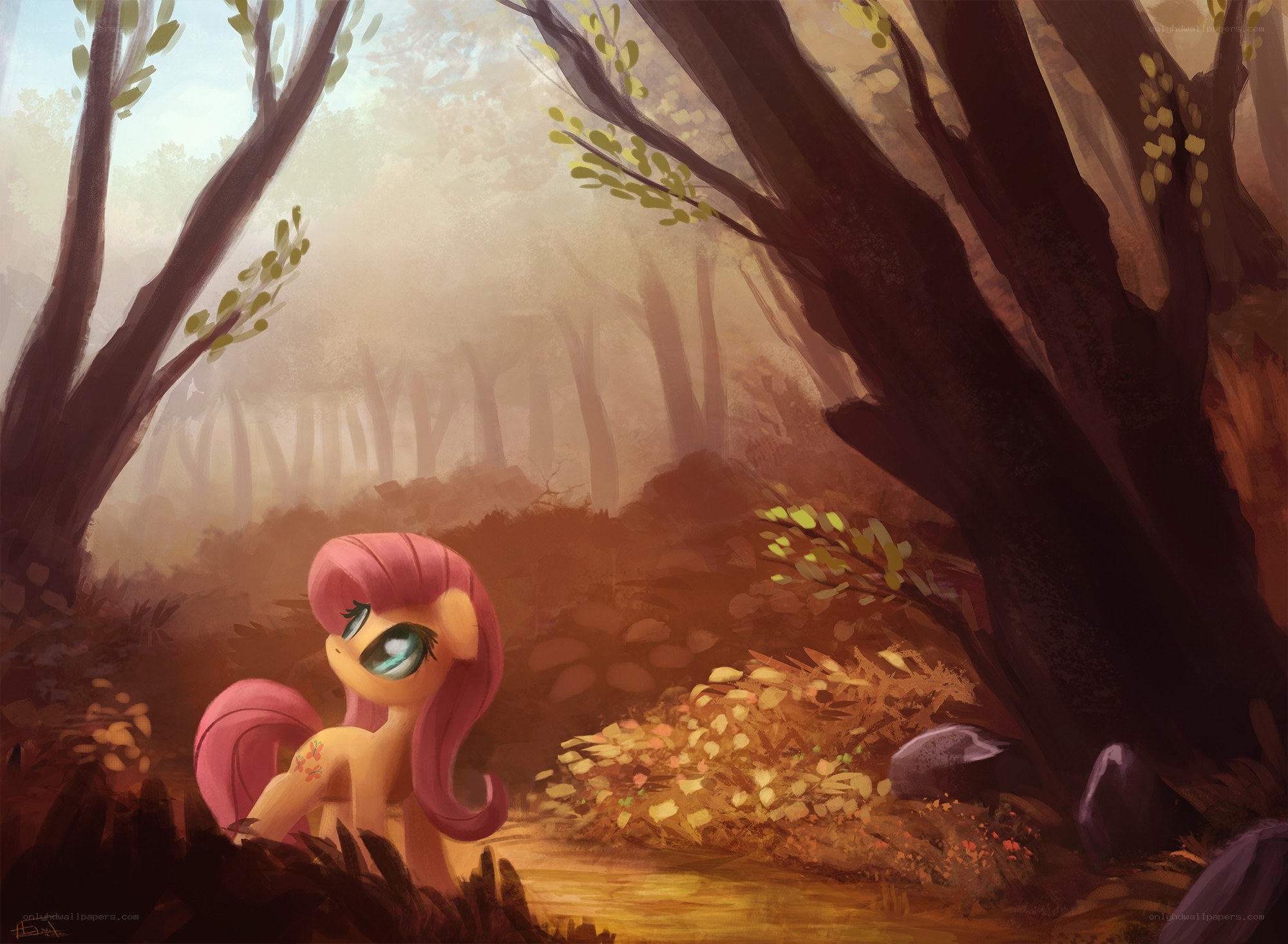 Fluttershy in a misty forest