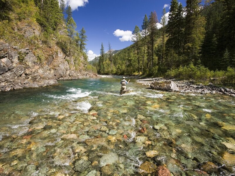 Fly Fisherman in River — Blue