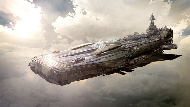 flying aircraft carrier in clouds