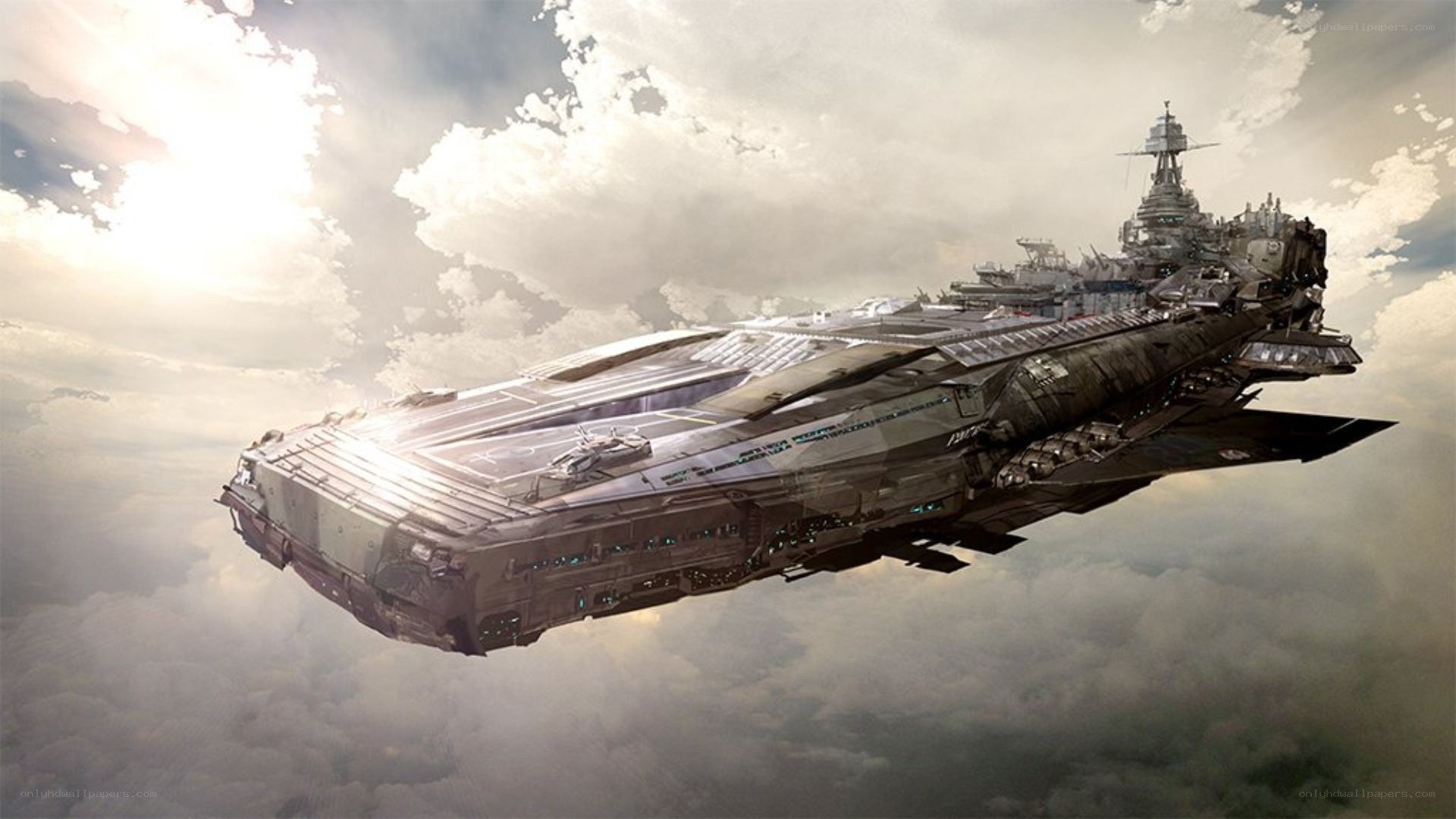 flying aircraft carrier in clouds