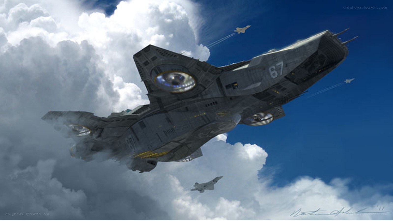 flying aircraft carrier in clouds