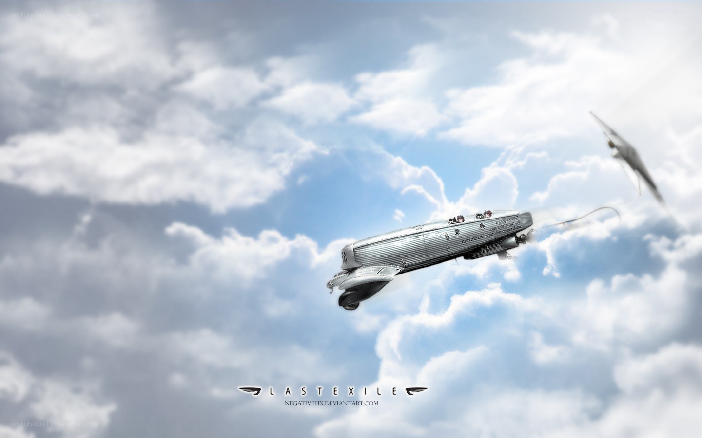 flying airship in clouds
