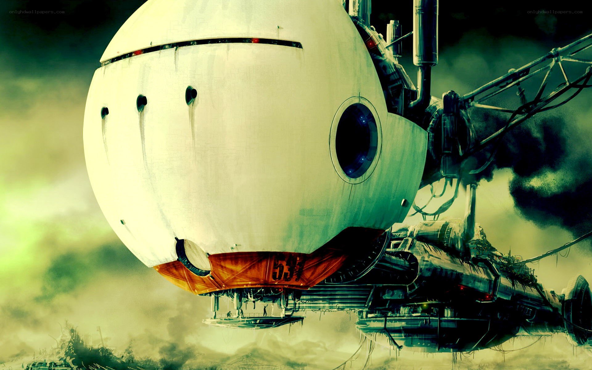 flying airship in smog