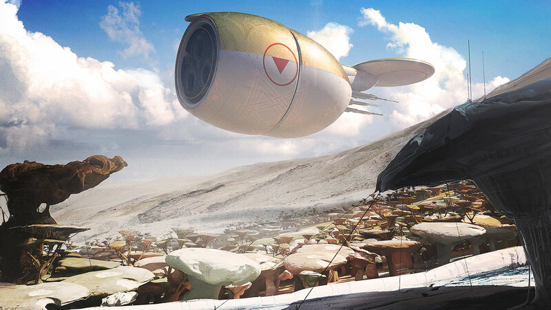 Flying Airship over Alien Landscape